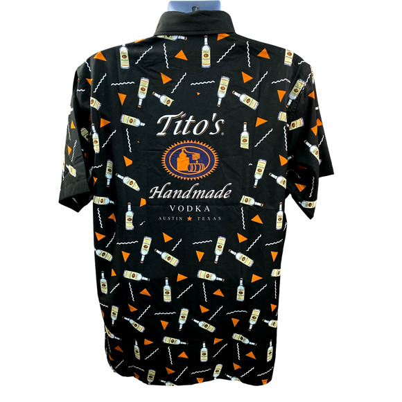 Tito’s Vodka Print All Over Button Up Short Sleeve Shirt Womens M Poly Stretch - Picture 1 of 11